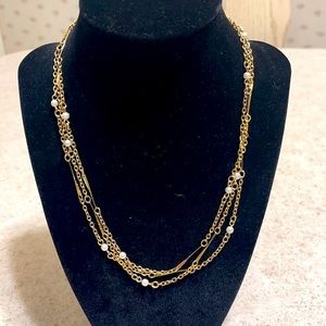 VINTAGE SARAH COVENTRY GOLD FAUX PEARL LONG MULTI CHAIN NECKLACE
